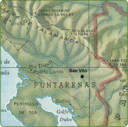 Mapa de Costa Rica mostrando San Vito, m�s cercano a la ciudad de Las Alturas preservar.